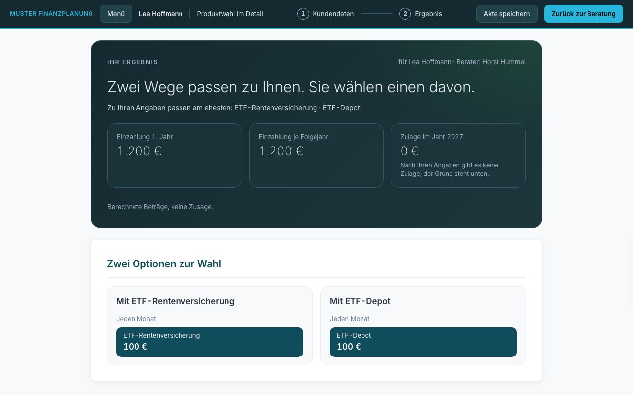 Produktwahl im IIINITY Advisor im Namen und in den Farben eines erfundenen Beispielbüros