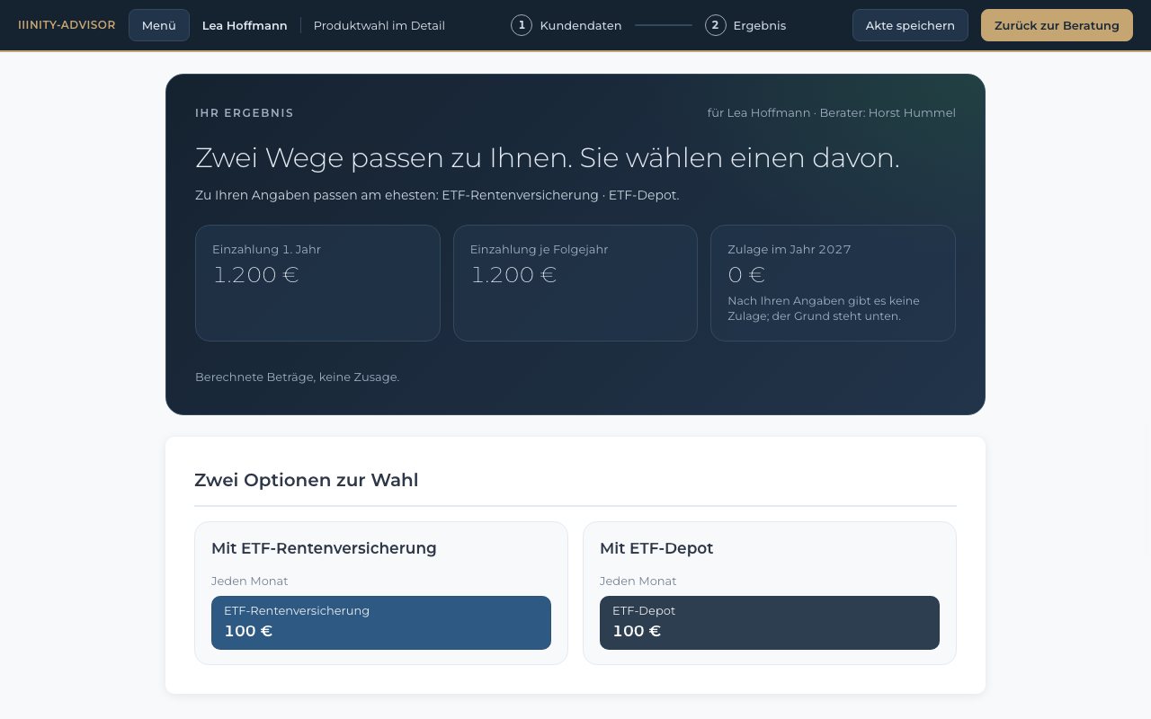 Produktwahl im IIINITY Advisor: Ergebnis mit zwei passenden Wegen, ETF-Rentenversicherung und ETF-Depot, je 100 € im Monat