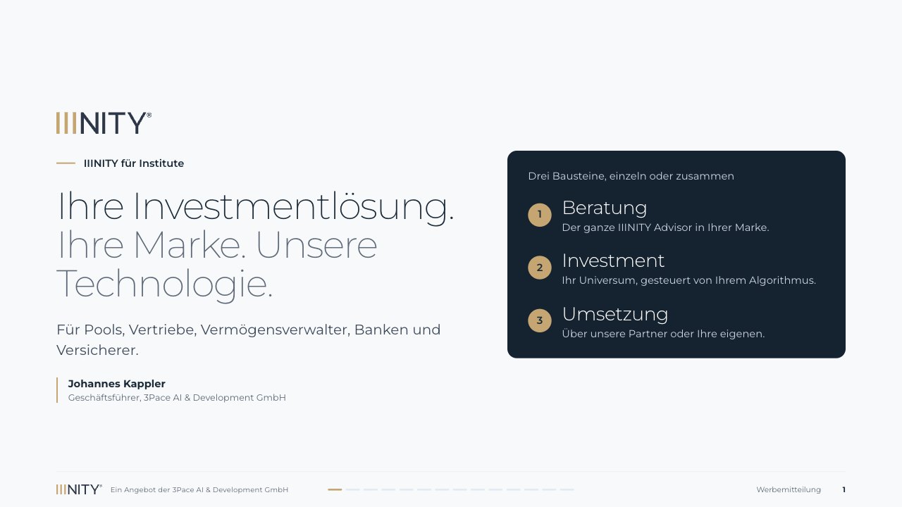 Titelfolie Ihrer Präsentation im IIINITY-Design: Ihre Investmentlösung. Ihre Marke. Unsere Technologie.